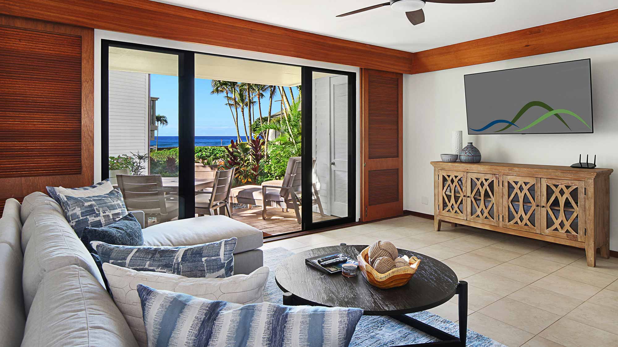 Poipu Kapili Resort #35 - Ocean View Living Room & Lanai View - Parrish Kauai